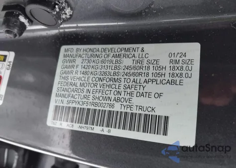 2024 Honda Ridgeline Rtl из США, поврежденный, VIN 5FPYK3F51RB002766